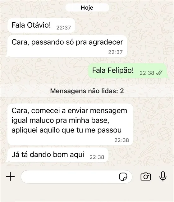 Print de WhatsApp de cliente agradecendo apos aplicar o metodo
