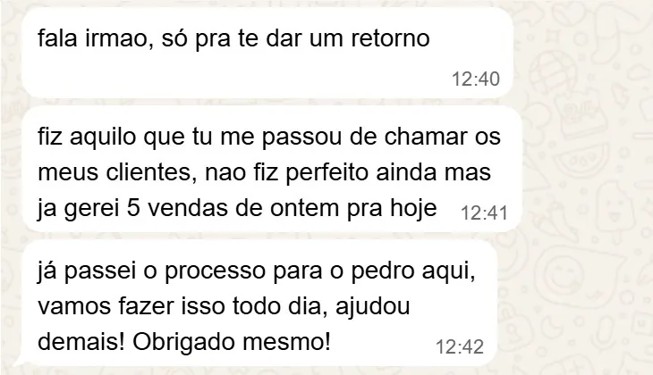 Print de WhatsApp de cliente que gerou 5 vendas em um dia